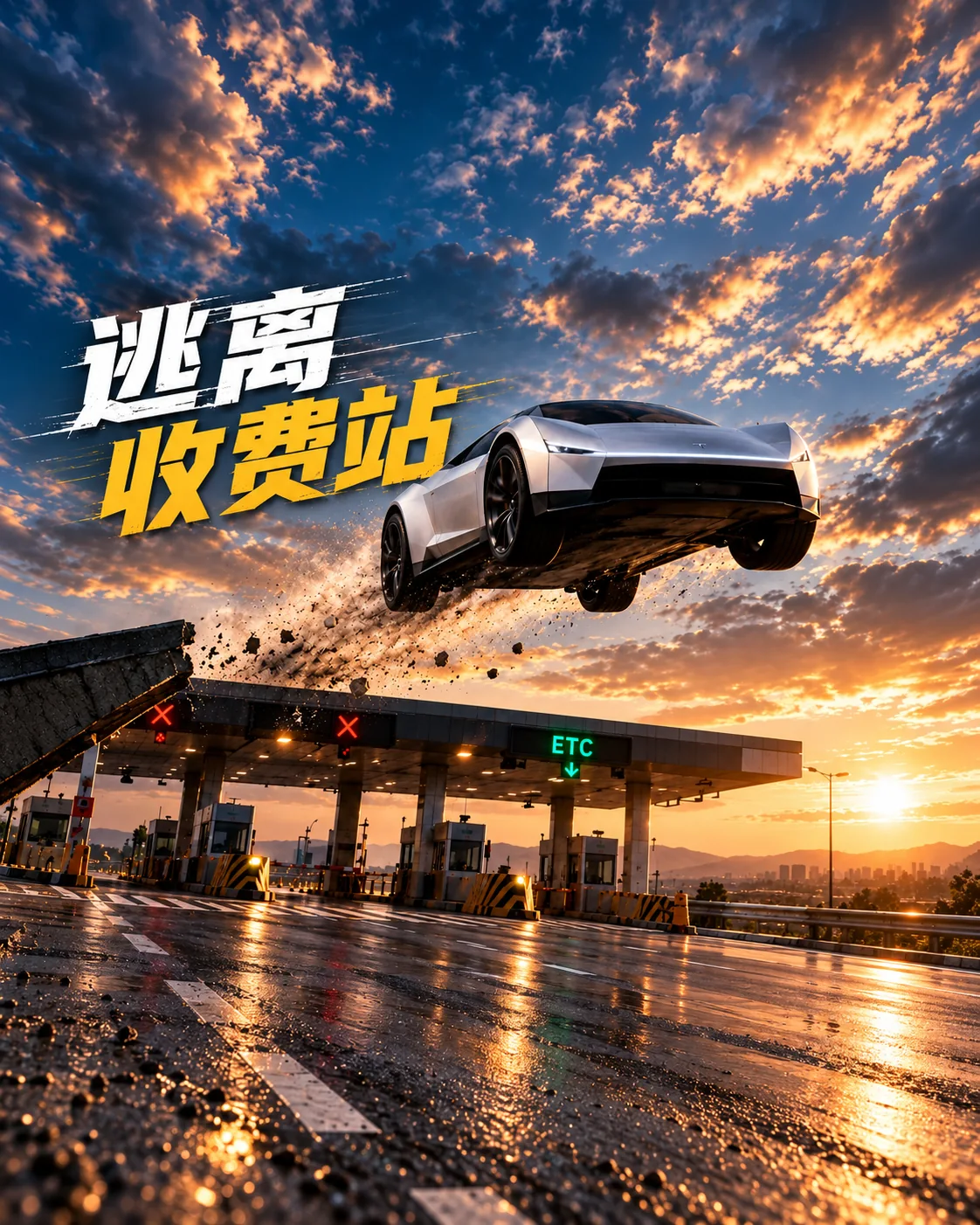 逃离收费站：银色跑车跃过夕阳下的收费站